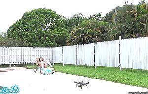 lesbian teen threesome play tug a war with a drone and their college pussy