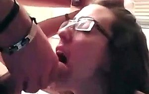 Geeky brunette in glasses gives great head