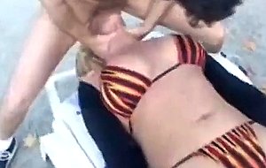 Blonde bikini girl gets her gag on