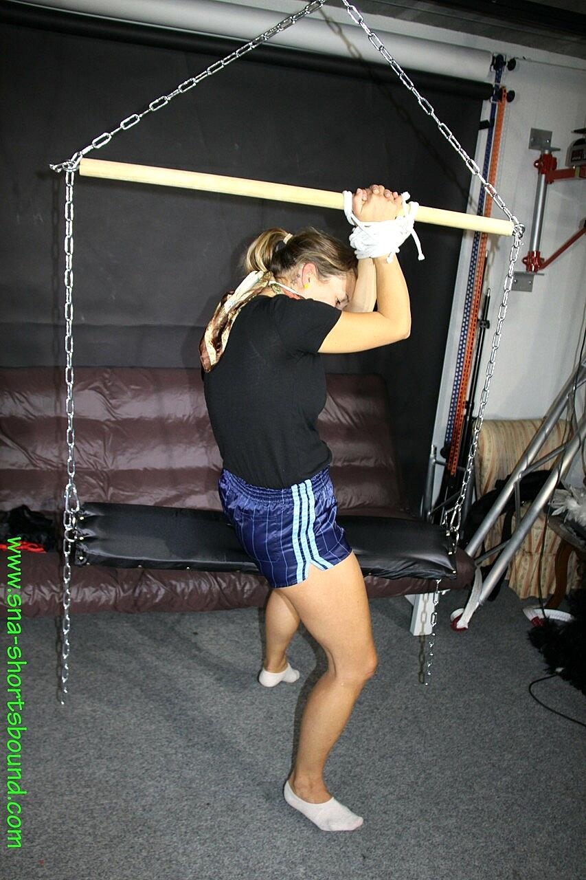 Restrained Girl Ends Up Being Hooded While Lifted Off The Ground Amateur, Bdsm, Bondage, Clothed, Shorts