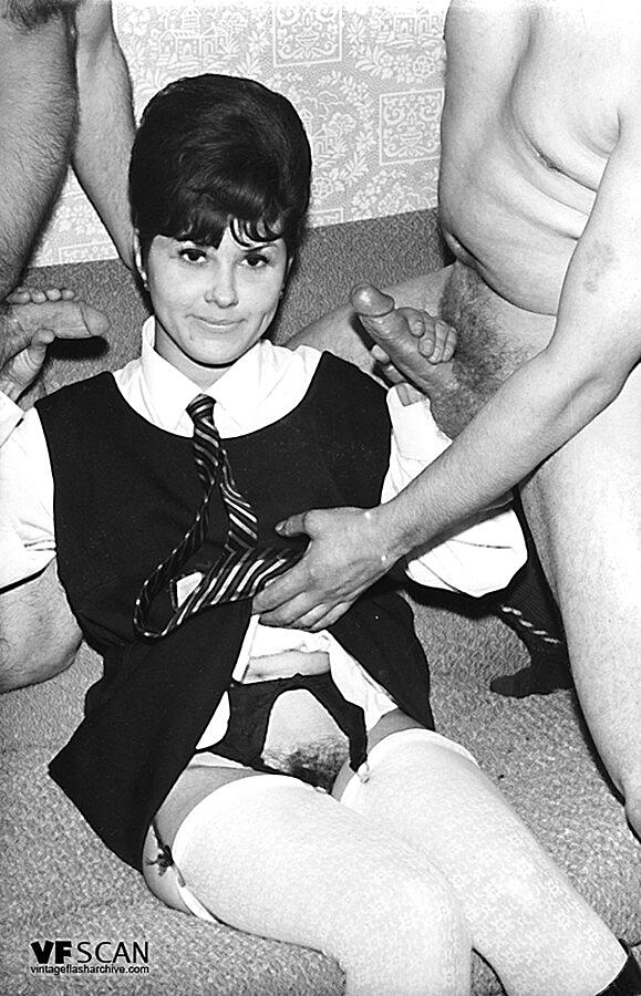 Small Titted Vintage Schoolgirl Removes Her Uniform For A Big Cock Threesome Big-Cock, Hairy, Handjob, Stockings, Uniform